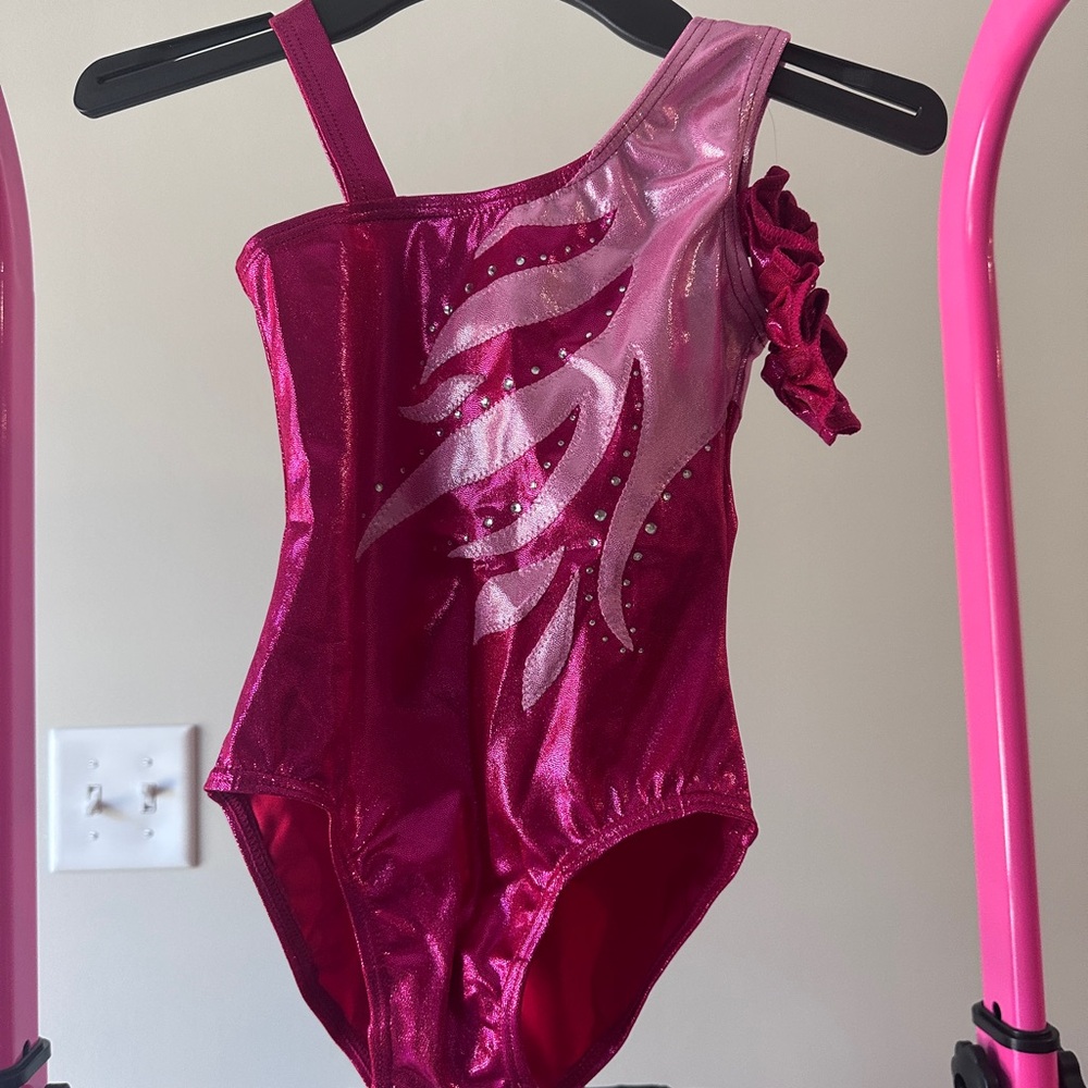 Pink One-Shoulder Leotard with Silver Accents